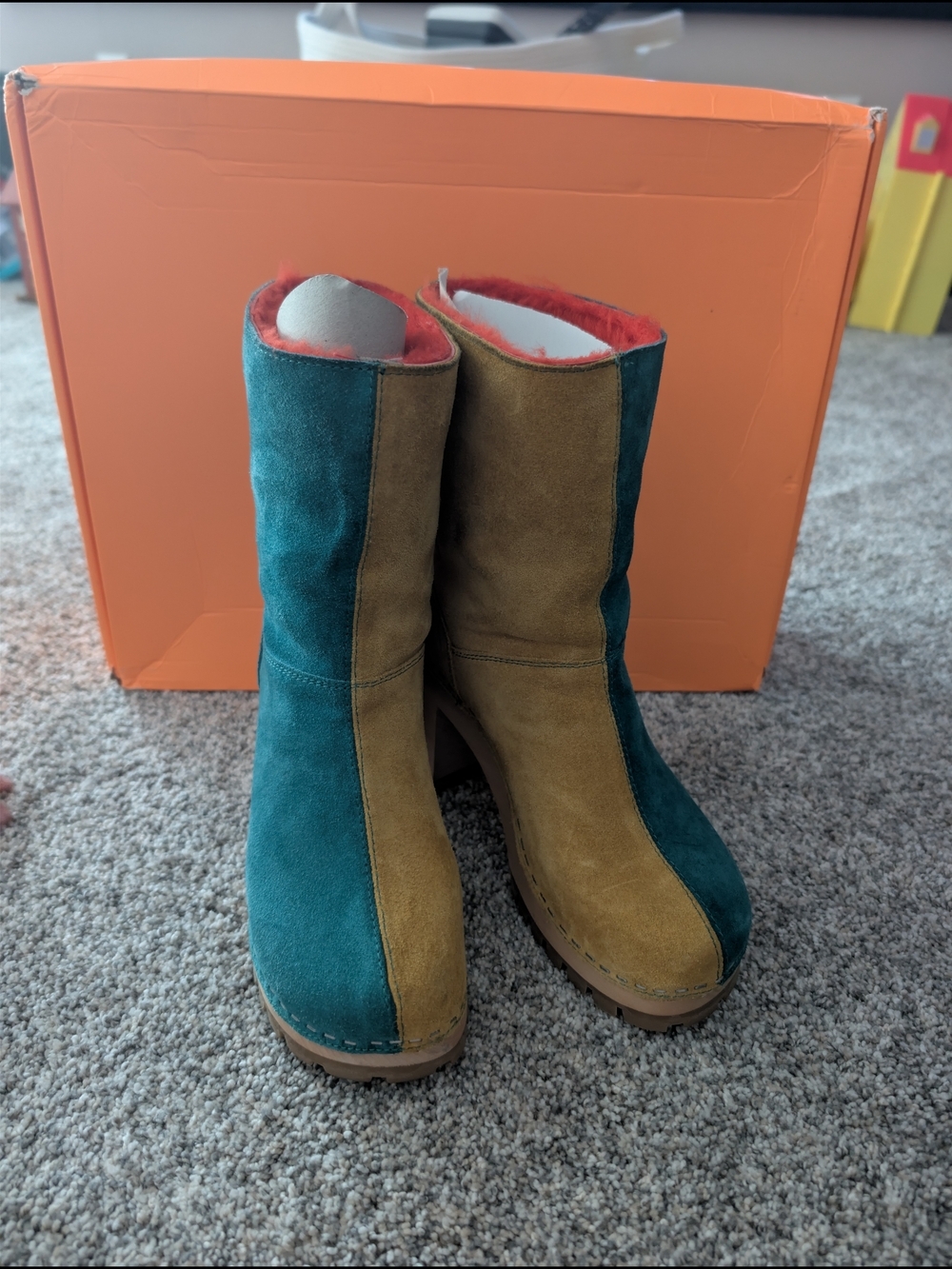 Swedish Hasbeens Two Tone Suede Clog Boots Teal Yellow Peacock Topazio NIB 38 - Picture 2 of 9